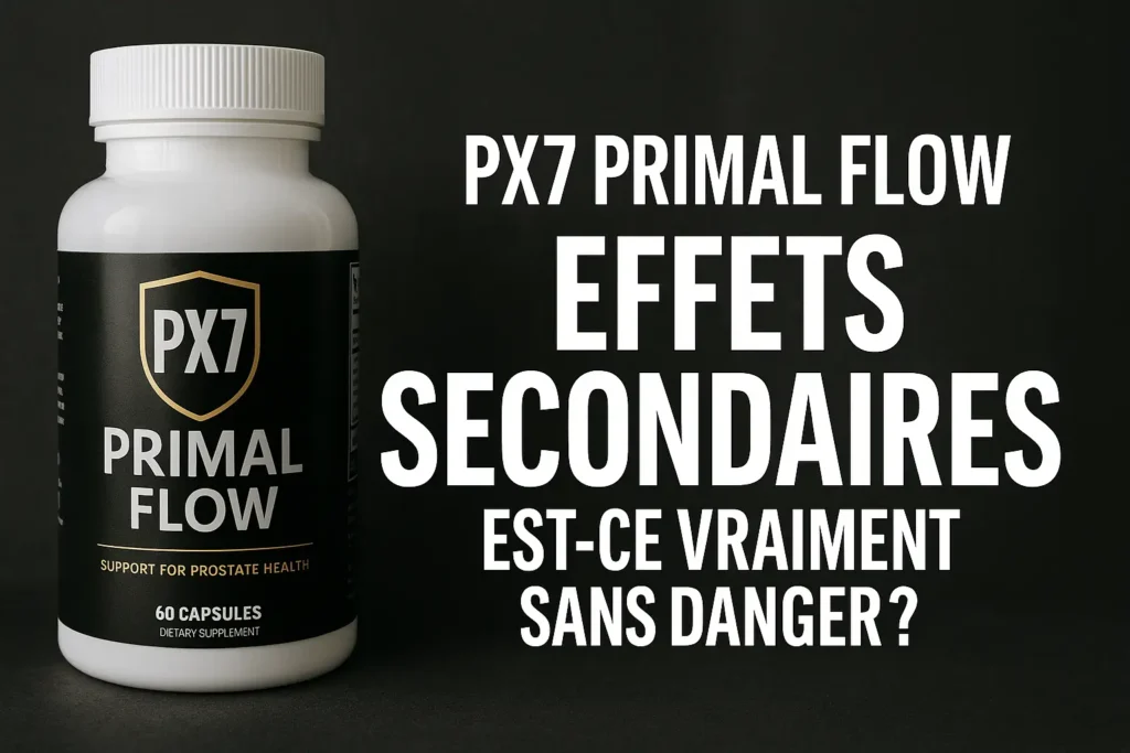 Flacon PX7 Primal Flow sur une table en bois entouré de plantes naturelles comme le palmier nain, l’ortie et les graines de courge – Complément alimentaire pour la prostate