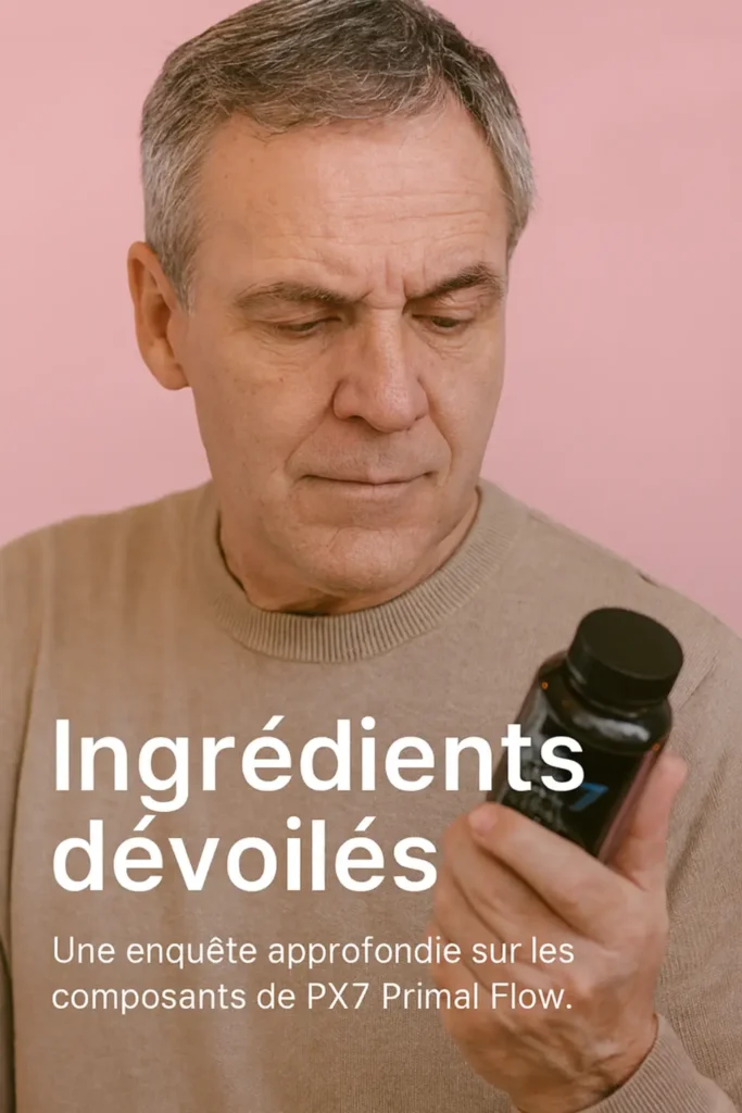 Homme examinant une bouteille de PX7 Primal Flow – Analyse complète des ingrédients naturels pour la santé de la prostate Homme examinant une bouteille de PX7 Primal Flow – Analyse complète des ingrédients naturels pour la santé de la prostate